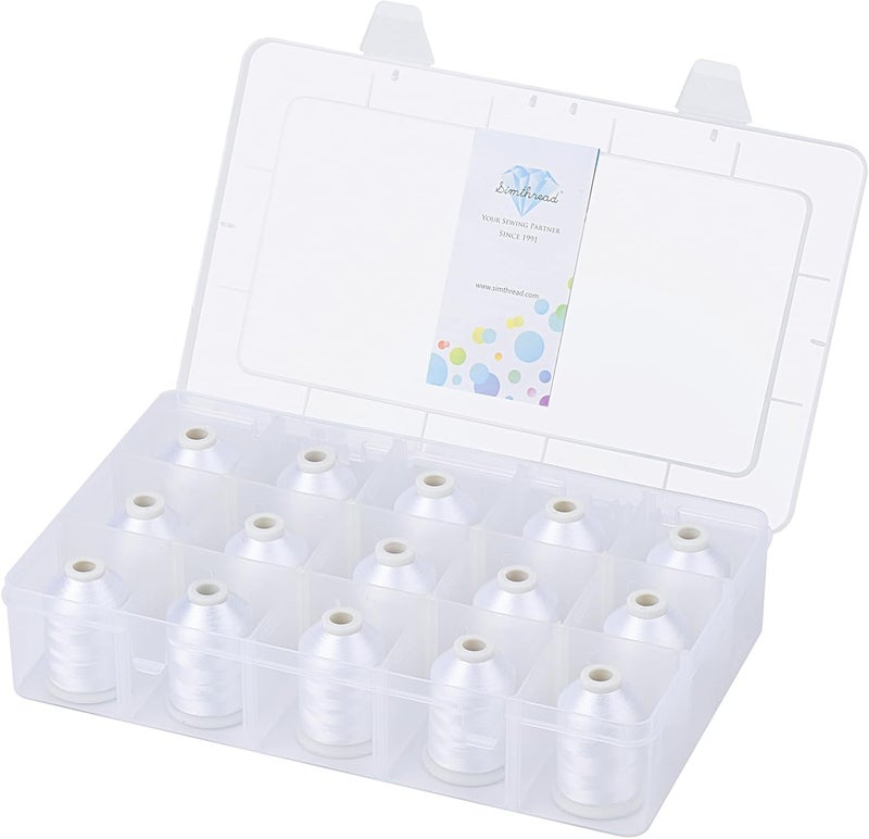 simthread [Box-Upgraded] Machine Embroidery Thread 1000M White 001, with Storage Box Polyester 15 Spools Set for Embroidery Quilting Machine - Image 1